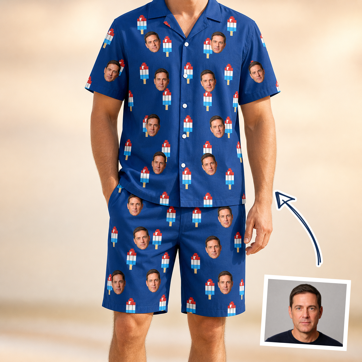 Man wearing Men's Declaration Drips Custom Face Shirt & Shorts Set — custom faces printed all-over