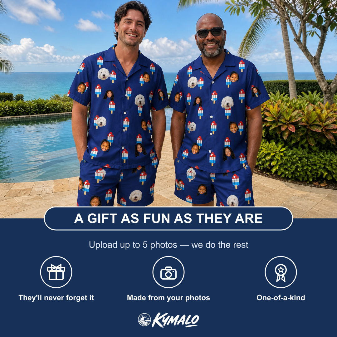Friends in matching Men's Declaration Drips Custom Face Shirt & Shorts Set — a group gift photo