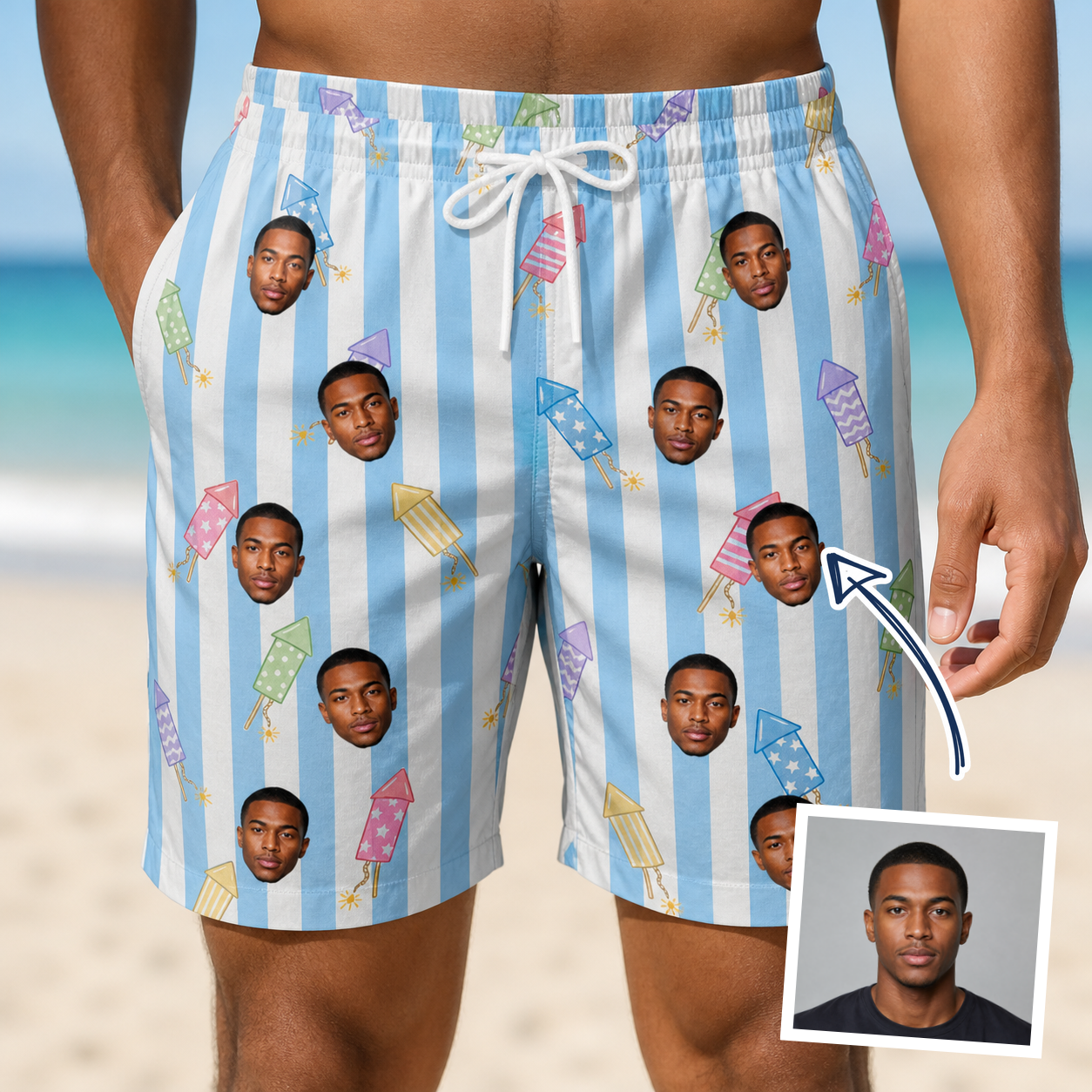 Man wearing Men's Skyburst Salute Custom Face Beach Shorts — custom faces printed all-over