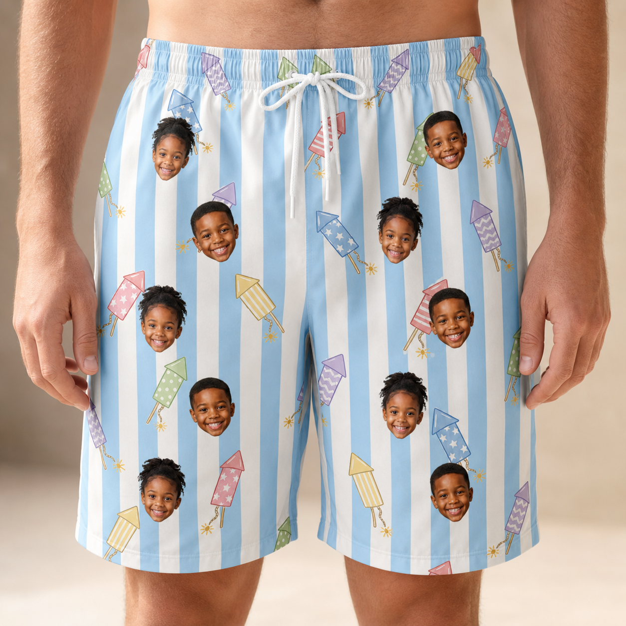 Model wearing Men's Skyburst Salute Custom Face Beach Shorts printed with kids' faces