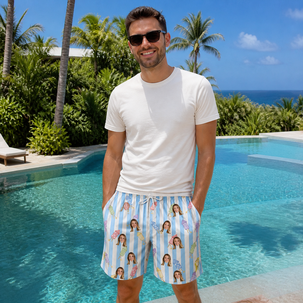 Real-life photo of someone wearing Men's Skyburst Salute Custom Face Beach Shorts — custom faces printed all-over