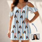 Woman wearing Women's Skyburst Salute Custom Face Off-Shoulder Dress — custom faces printed all-over