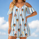 Model wearing Women's Skyburst Salute Custom Face Off-Shoulder Dress printed with kids' faces