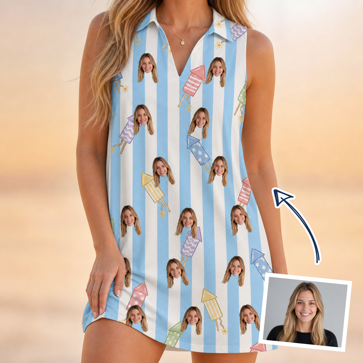 Woman wearing Women's Skyburst Salute Custom Face V-Neck Dress — custom faces printed all-over