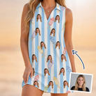 Woman wearing Women's Skyburst Salute Custom Face V-Neck Dress — custom faces printed all-over