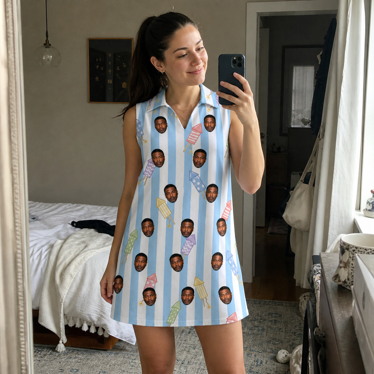 Real-life photo of someone wearing Women's Skyburst Salute Custom Face V-Neck Dress — custom faces printed all-over