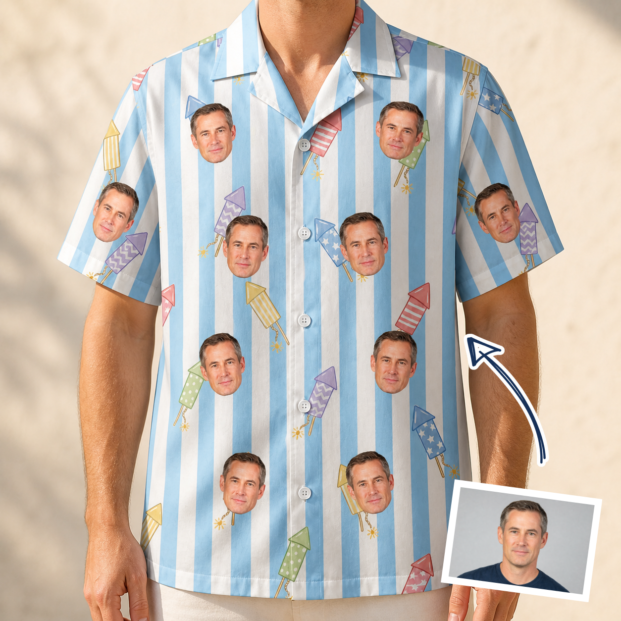 Man wearing Men's Skyburst Salute Custom Face Hawaiian Shirt — custom faces printed all-over