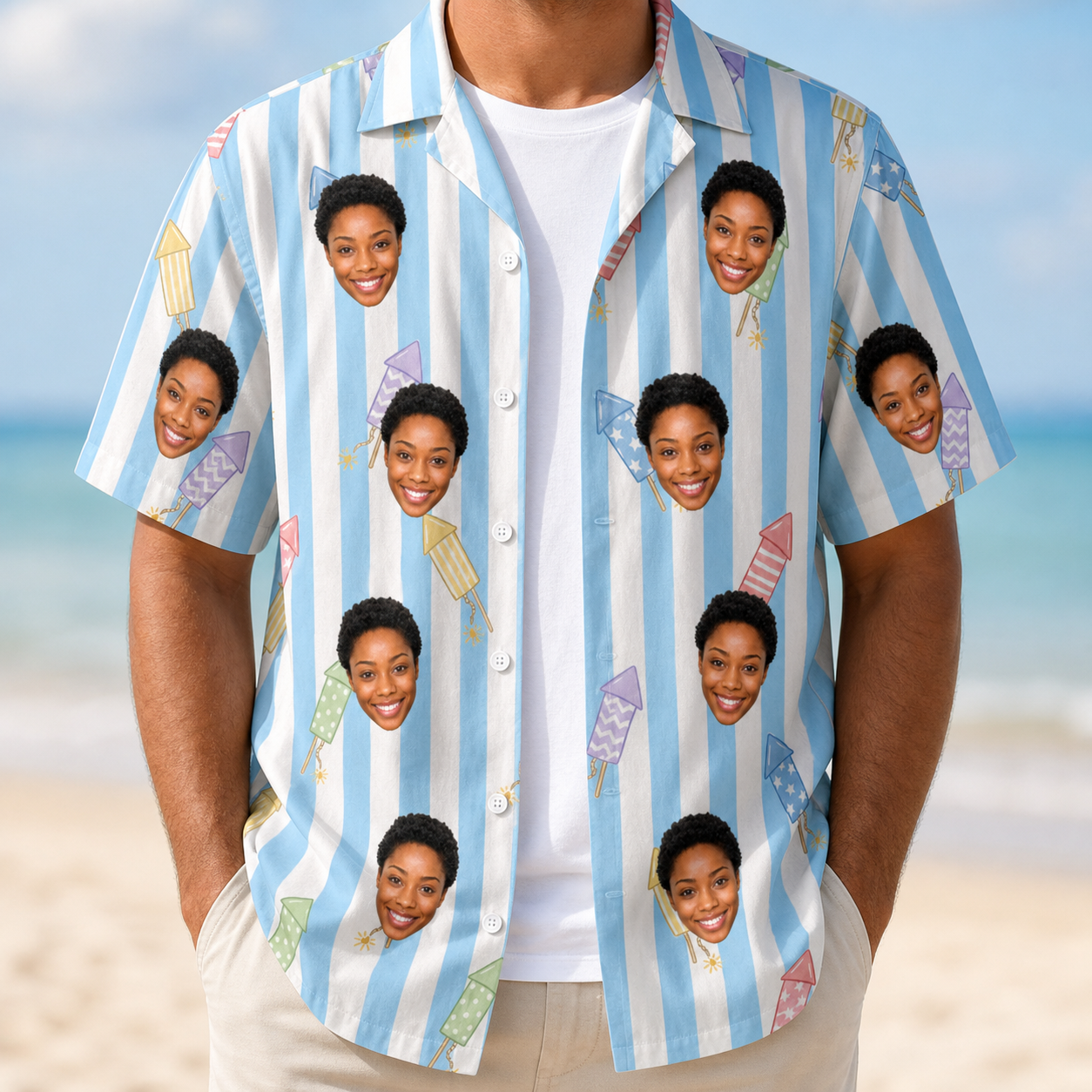 Man wearing Men's Skyburst Salute Custom Face Hawaiian Shirt open over a white tee