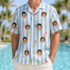 Model wearing Men's Skyburst Salute Custom Face Hawaiian Shirt printed with kids' faces