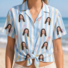 Woman wearing Women's Skyburst Salute Custom Face Hawaiian Shirt tied at the waist