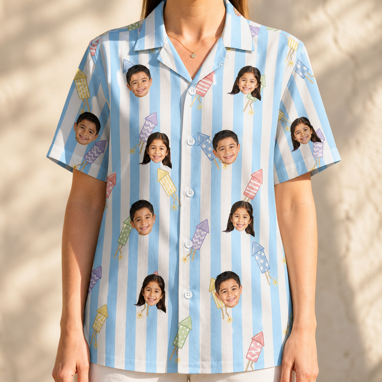 Model wearing Women's Skyburst Salute Custom Face Hawaiian Shirt printed with kids' faces