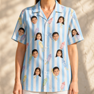Model wearing Women's Skyburst Salute Custom Face Hawaiian Shirt printed with kids' faces