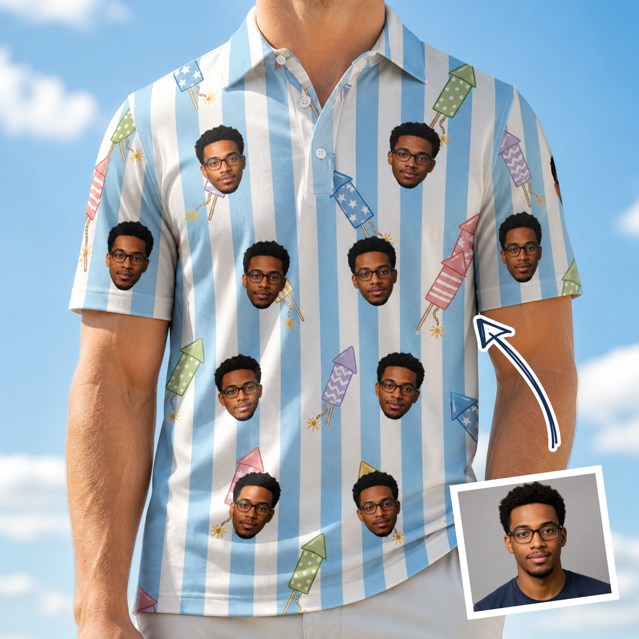 Man wearing Men's Skyburst Salute Custom Face Polo Shirt — custom faces printed all-over