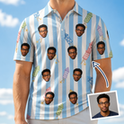 Man wearing Men's Skyburst Salute Custom Face Polo Shirt — custom faces printed all-over