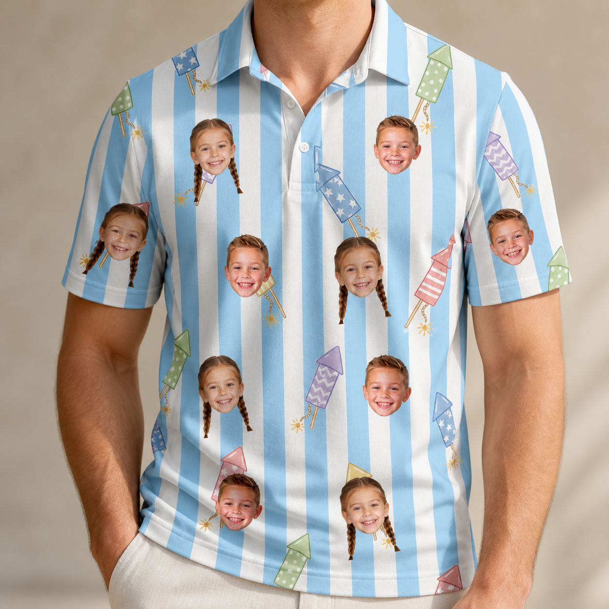 Model wearing Men's Skyburst Salute Custom Face Polo Shirt printed with kids' faces