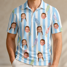 Model wearing Men's Skyburst Salute Custom Face Polo Shirt printed with kids' faces