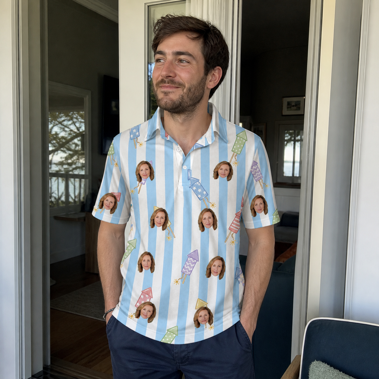 Real-life photo of someone wearing Men's Skyburst Salute Custom Face Polo Shirt — custom faces printed all-over