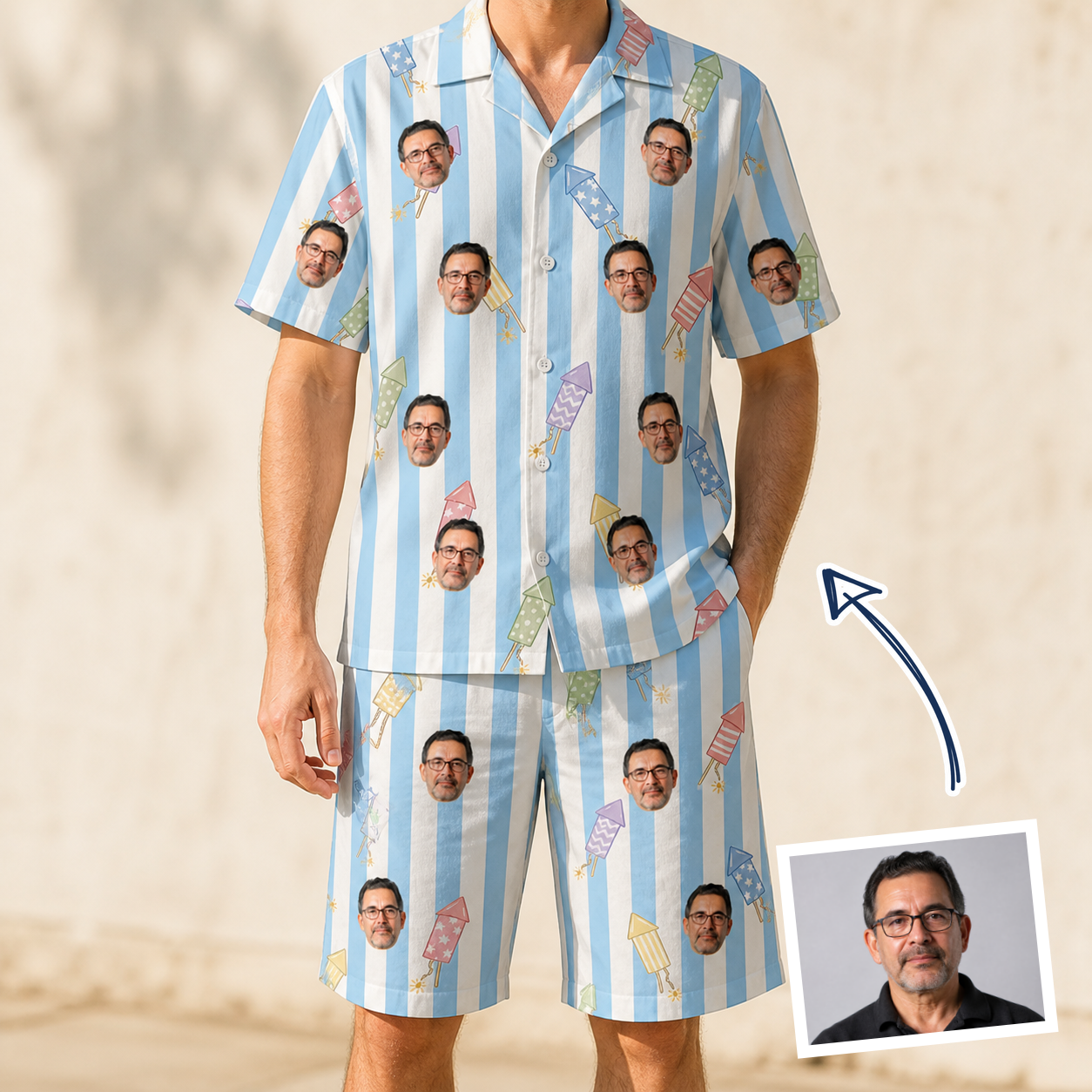Man wearing Men's Skyburst Salute Custom Face Shirt & Shorts Set — custom faces printed all-over