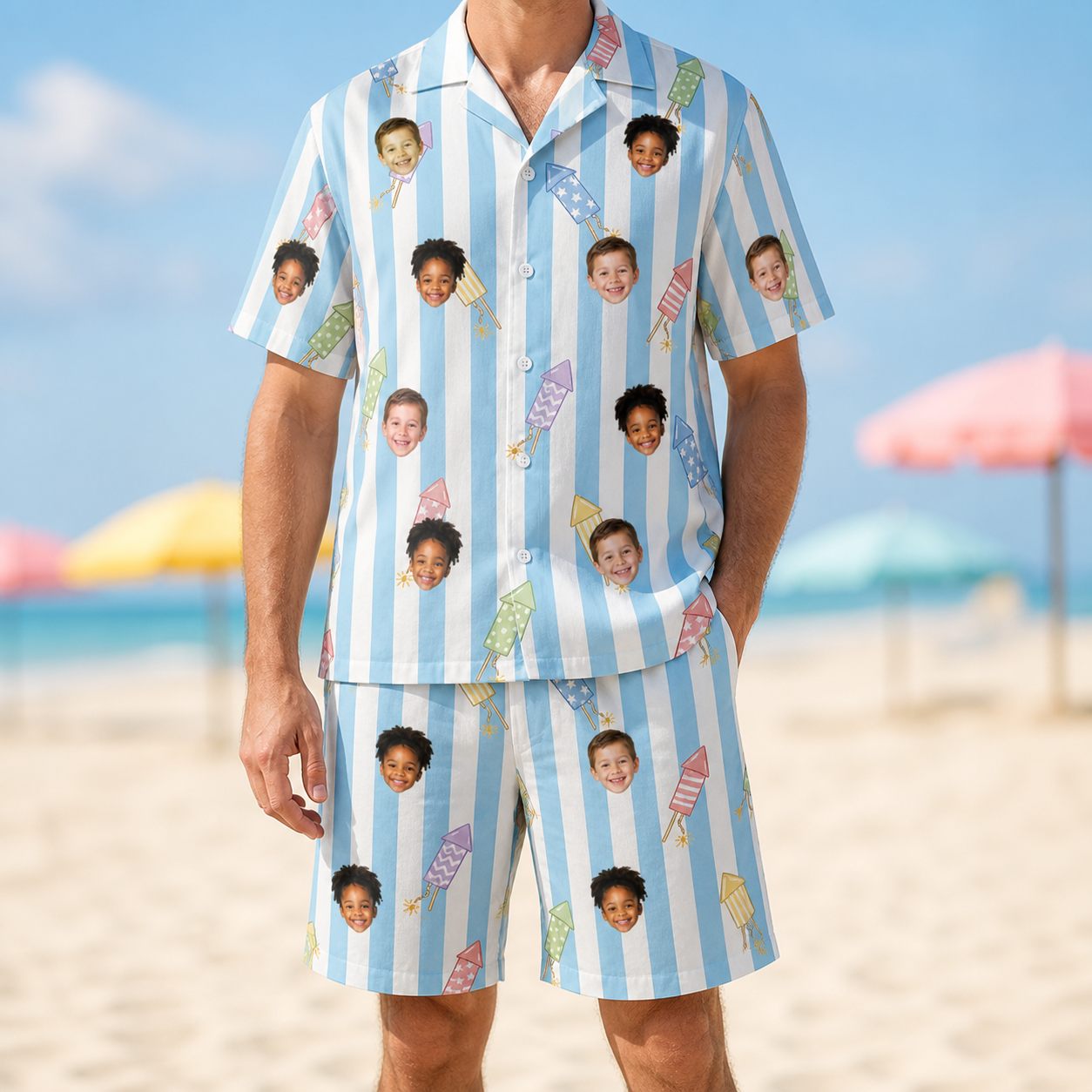 Model wearing Men's Skyburst Salute Custom Face Shirt & Shorts Set printed with kids' faces