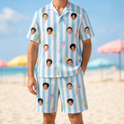 Model wearing Men's Skyburst Salute Custom Face Shirt & Shorts Set printed with kids' faces