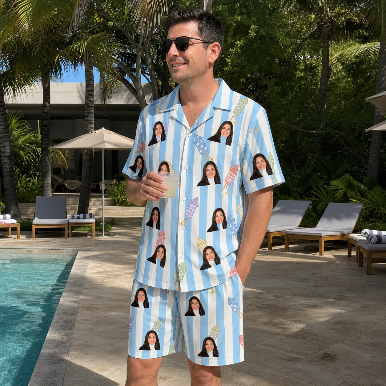 Real-life photo of someone wearing Men's Skyburst Salute Custom Face Shirt & Shorts Set — custom faces printed all-over