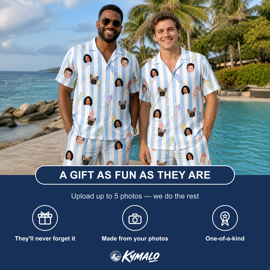 Friends in matching Men's Skyburst Salute Custom Face Shirt & Shorts Set — a group gift photo