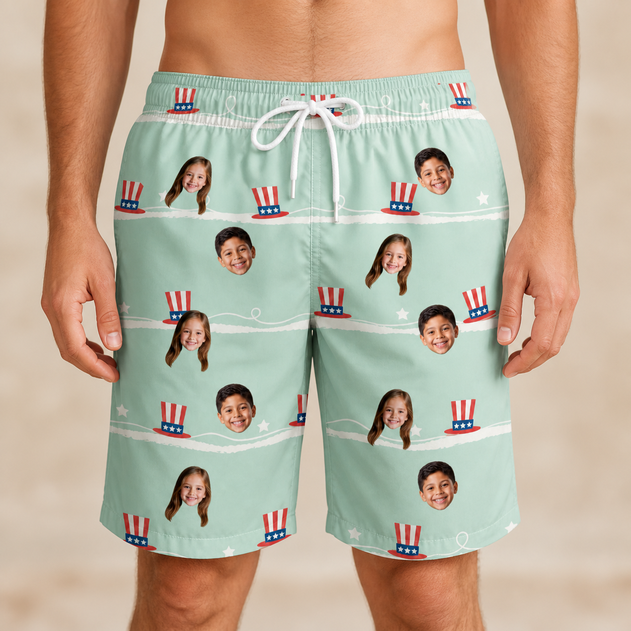 Model wearing Men's Sam's Sparkle Custom Face Beach Shorts printed with kids' faces