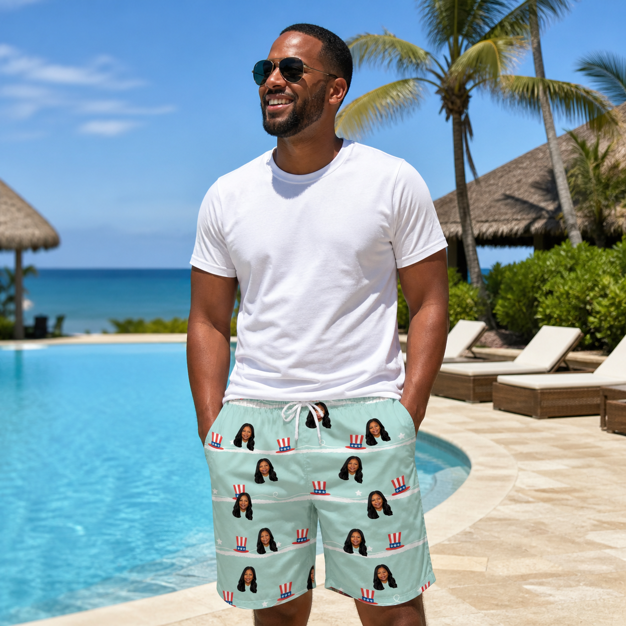 Real-life photo of someone wearing Men's Sam's Sparkle Custom Face Beach Shorts — custom faces printed all-over