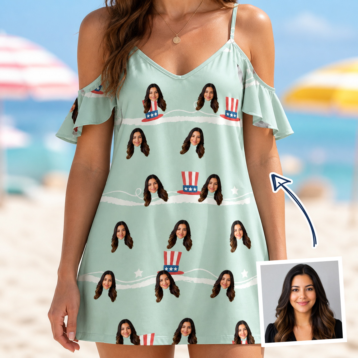 Woman wearing Women's Sam's Sparkle Custom Face Off-Shoulder Dress — custom faces printed all-over
