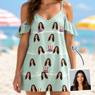 Woman wearing Women's Sam's Sparkle Custom Face Off-Shoulder Dress — custom faces printed all-over