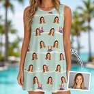 Woman wearing Women's Sam's Sparkle Custom Face Tank Dress — custom faces printed all-over