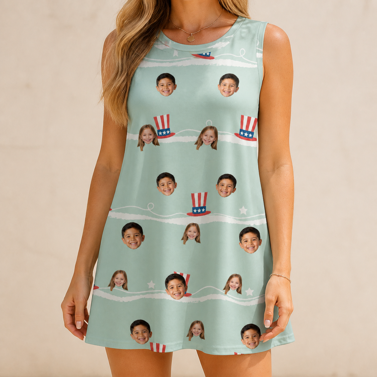 Model wearing Women's Sam's Sparkle Custom Face Tank Dress printed with kids' faces