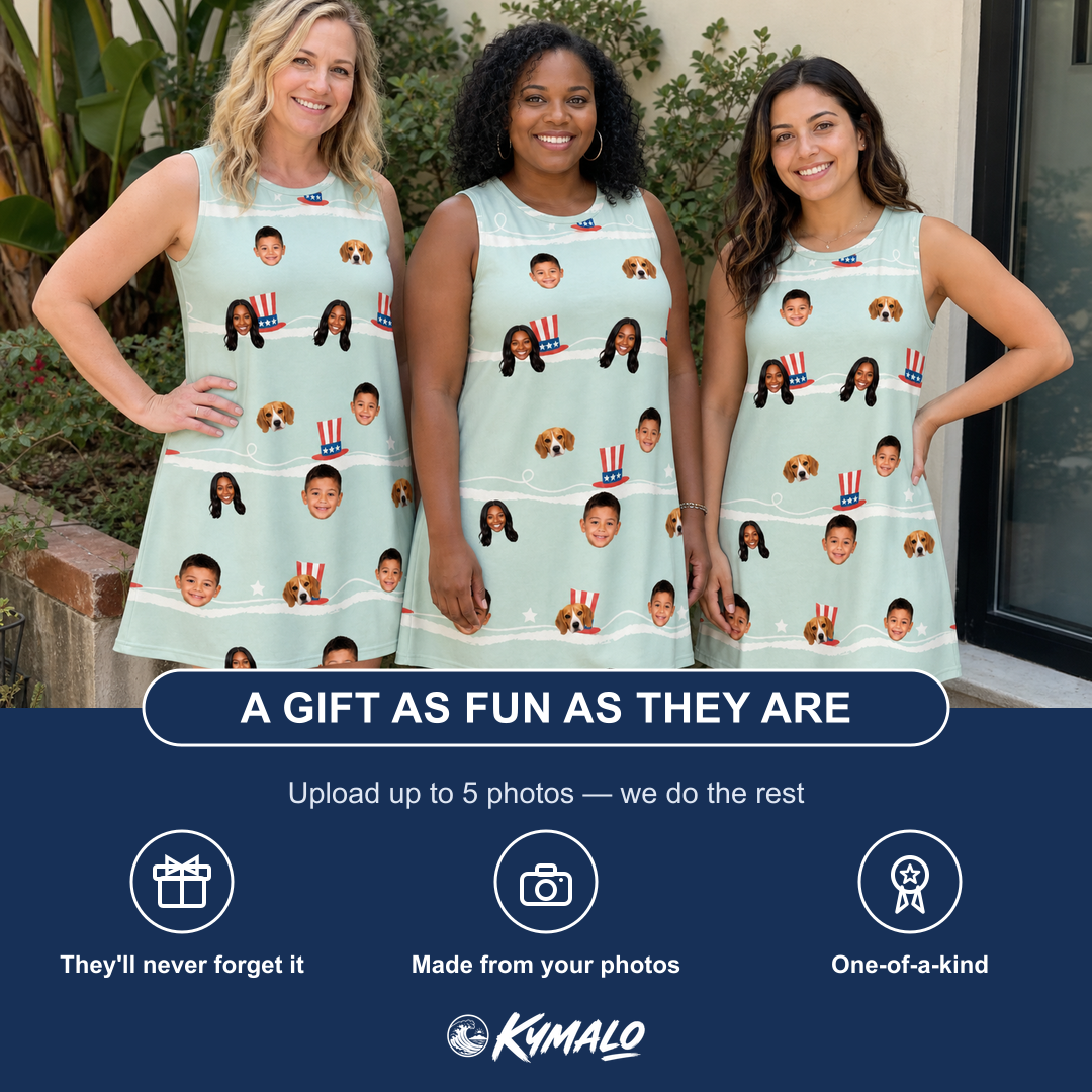 Friends in matching Women's Sam's Sparkle Custom Face Tank Dress — a group gift photo