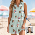 Woman wearing Women's Sam's Sparkle Custom Face V-Neck Dress — custom faces printed all-over