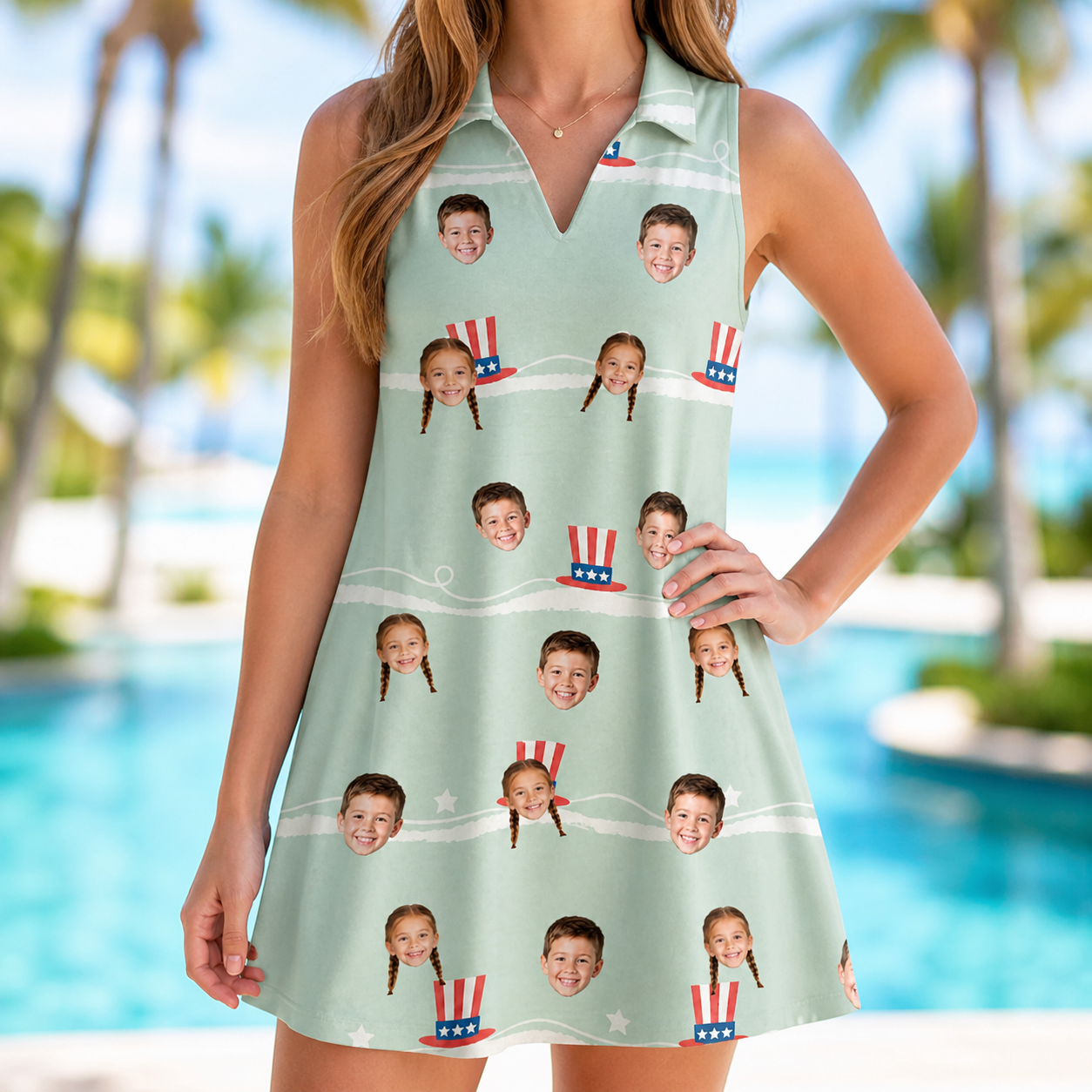 Model wearing Women's Sam's Sparkle Custom Face V-Neck Dress printed with kids' faces