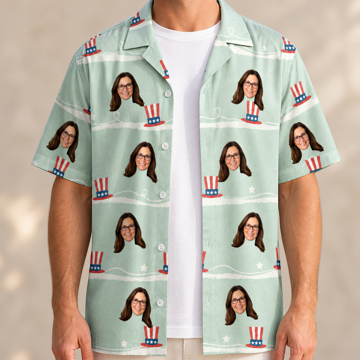 Man wearing Men's Sam's Sparkle Custom Face Hawaiian Shirt open over a white tee