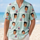 Model wearing Men's Sam's Sparkle Custom Face Hawaiian Shirt printed with kids' faces