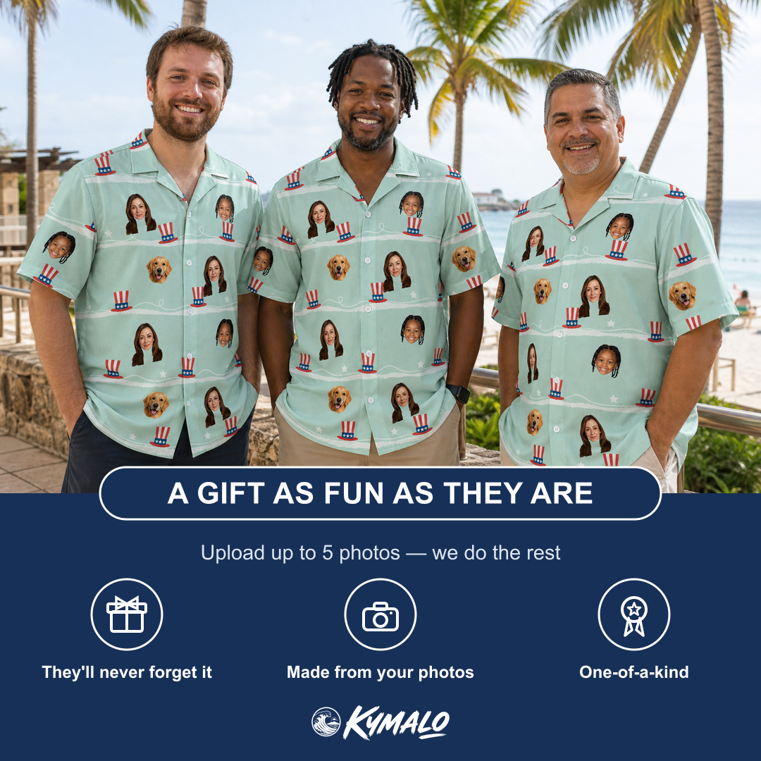 Friends in matching Men's Sam's Sparkle Custom Face Hawaiian Shirt — a group gift photo