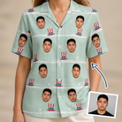 Woman wearing Women's Sam's Sparkle Custom Face Hawaiian Shirt — custom faces printed all-over