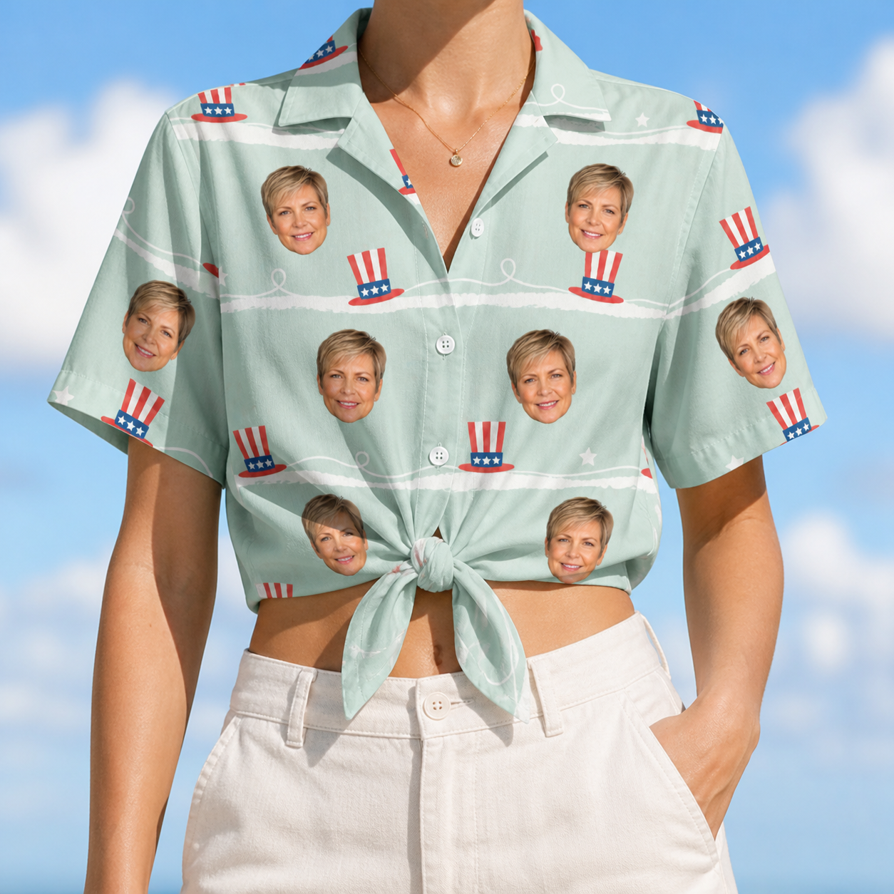 Woman wearing Women's Sam's Sparkle Custom Face Hawaiian Shirt tied at the waist