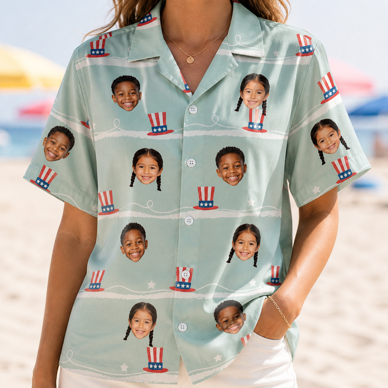 Model wearing Women's Sam's Sparkle Custom Face Hawaiian Shirt printed with kids' faces