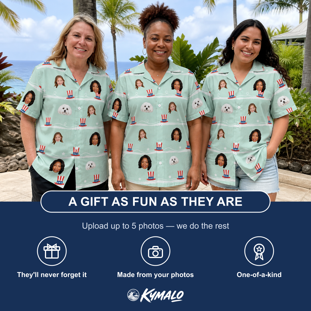 Friends in matching Women's Sam's Sparkle Custom Face Hawaiian Shirt — a group gift photo
