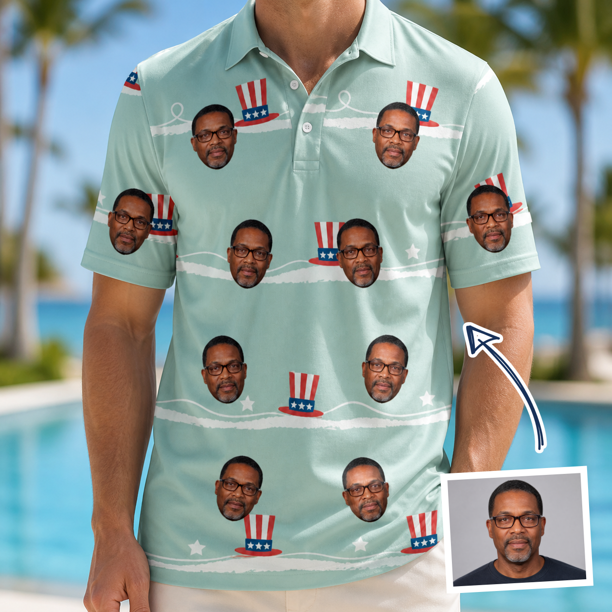 Man wearing Men's Sam's Sparkle Custom Face Polo Shirt — custom faces printed all-over