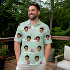 Real-life photo of someone wearing Men's Sam's Sparkle Custom Face Polo Shirt — custom faces printed all-over