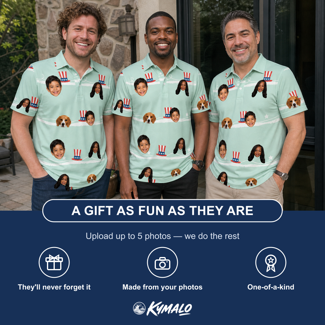 Friends in matching Men's Sam's Sparkle Custom Face Polo Shirt — a group gift photo
