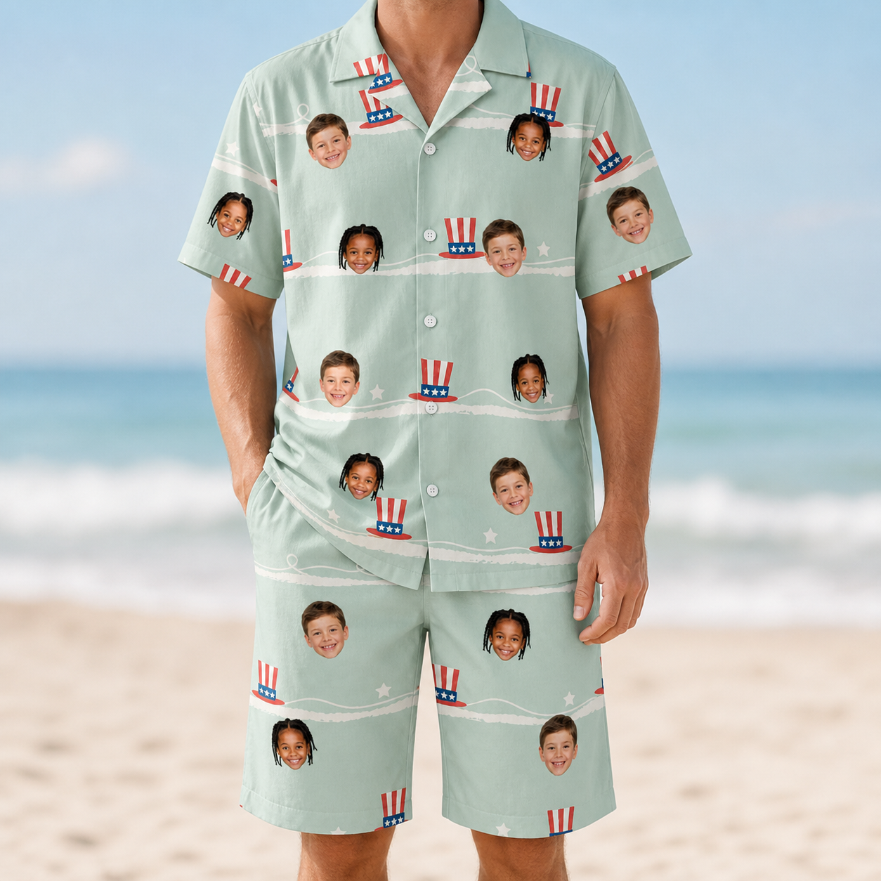 Model wearing Men's Sam's Sparkle Custom Face Shirt & Shorts Set printed with kids' faces
