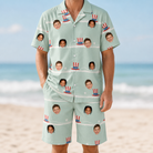 Model wearing Men's Sam's Sparkle Custom Face Shirt & Shorts Set printed with kids' faces