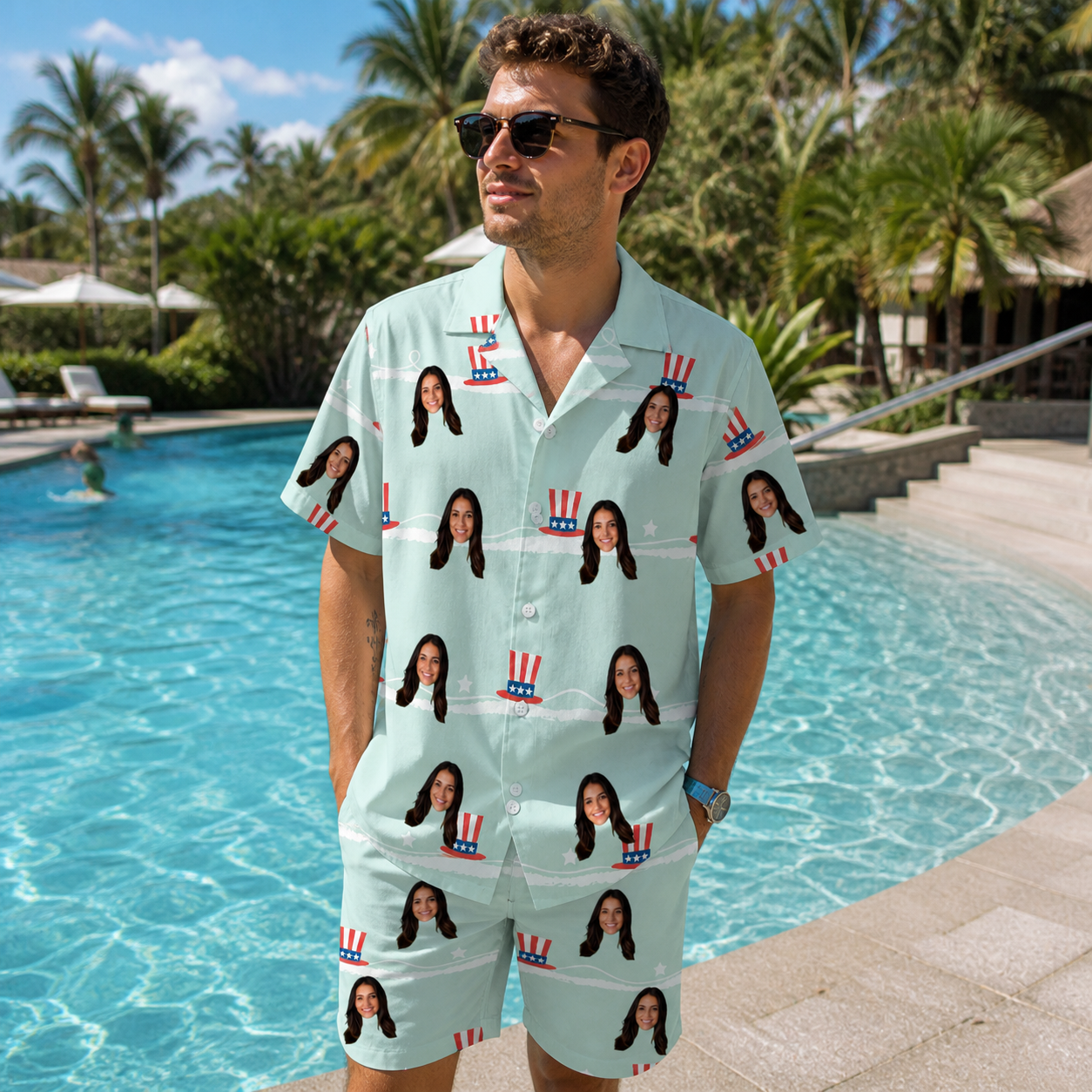 Real-life photo of someone wearing Men's Sam's Sparkle Custom Face Shirt & Shorts Set — custom faces printed all-over