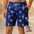 Man wearing Men's Founding Flares Custom Face Beach Shorts — custom faces printed all-over