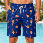 Model wearing Men's Founding Flares Custom Face Beach Shorts printed with kids' faces
